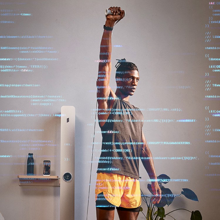 A man using the amp fitness machine, with AI code scribbled artistically across the image.