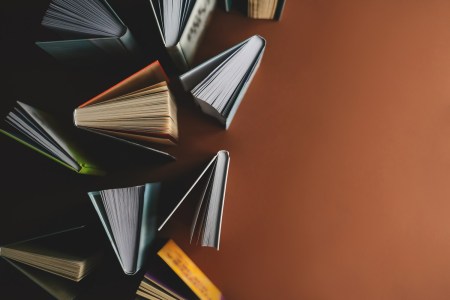 Books sitting on a table.