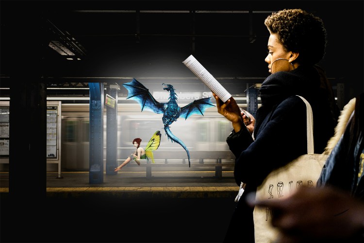 A woman reads a romantasy book on a subway platform with a faerie and dragon in the background