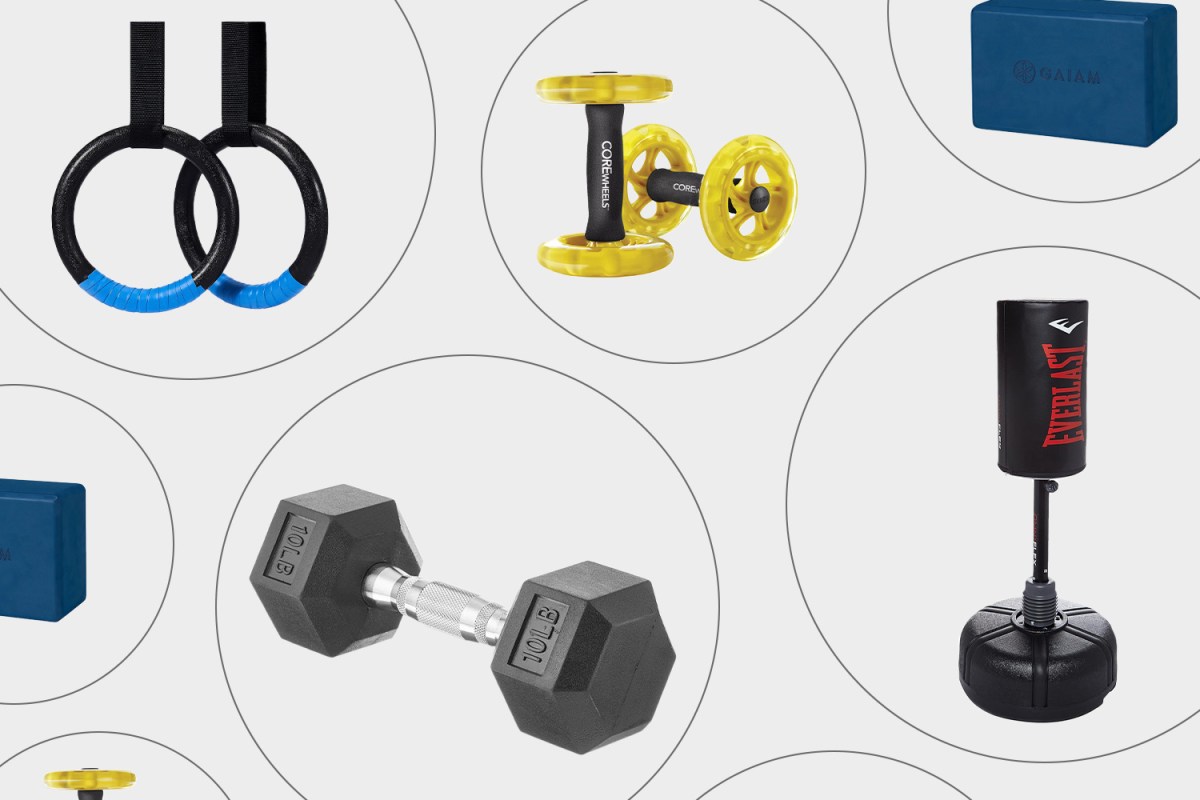 Fitness equipment recommended by 10 trainers, including core wheels, gymnastic rings, yoga blocks, dumbbells and a punching bag