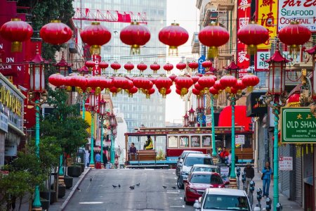 A cable car goes by in San Francisco's Chinatown.