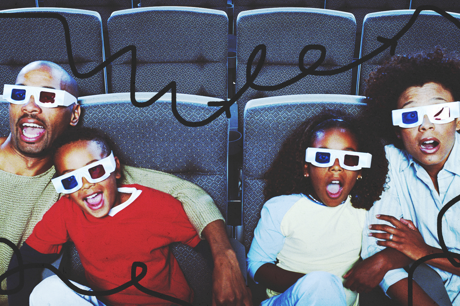 A dad and mom with their two kids wearing 3D glasses in a movie theater