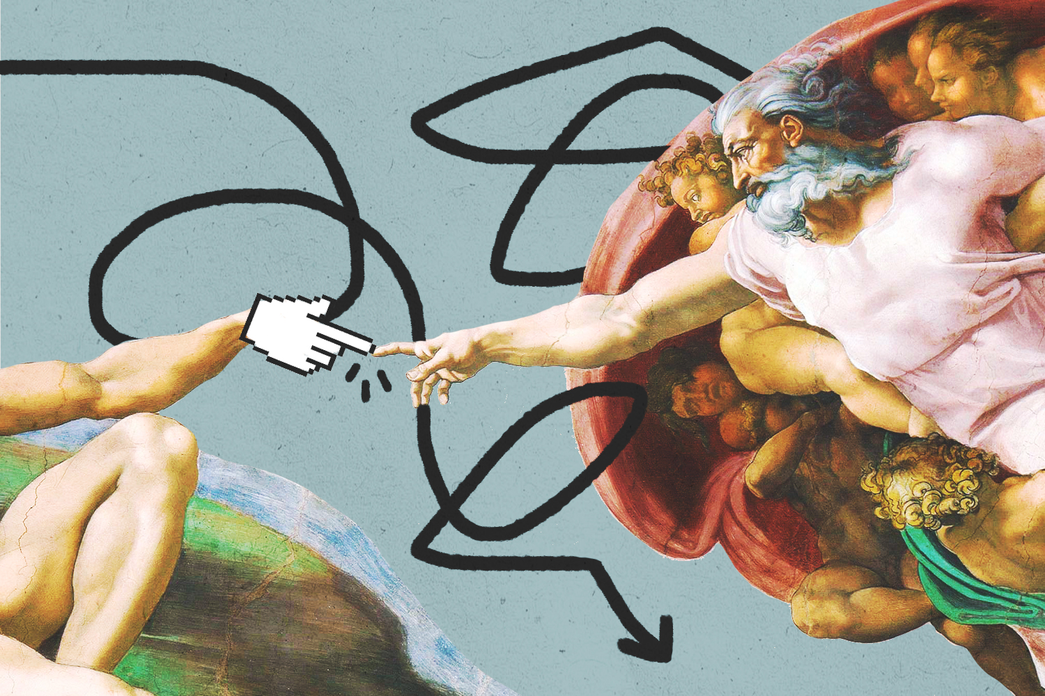 The Creation of Adam painting by Michelangelo with a digital hand icon