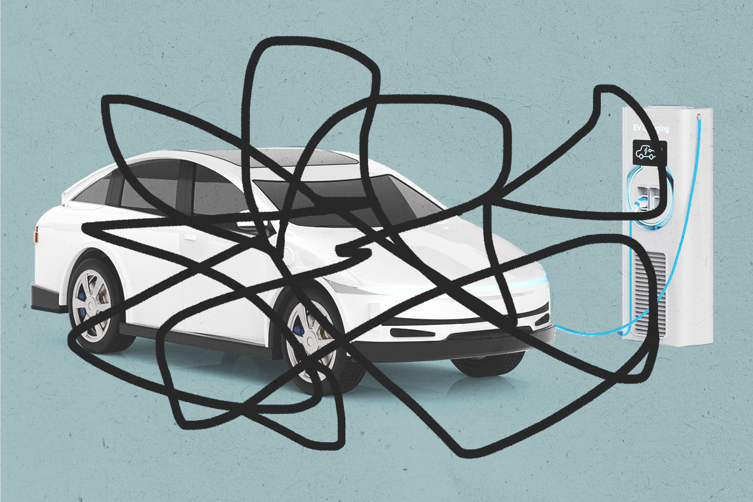 An illustration of an electric car charging at a charger. We predict that in 2025 more automakers will delay or scrap their electric vehicle plans.