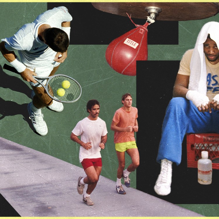 A collage of men running, boxing and practicing tennis. We've compiled 25 realistic resolutions to get fit and healthy in 2025.