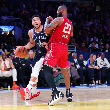 INDIANAPOLIS, INDIANA - FEBRUARY 18: Giannis Antetokounmpo #34 of the Milwaukee Bucks and Eastern Conference All-Stars drives against LeBron James #23 of the Los Angeles Lakers and Western Conference All-Stars in the second quarter during the 2024 NBA All-Star Game at Gainbridge Fieldhouse on February 18, 2024 in Indianapolis, Indiana. NOTE TO USER: User expressly acknowledges and agrees that, by downloading and or using this photograph, User is consenting to the terms and conditions of the Getty Images License Agreement. (Photo by Stacy Revere/Getty Images)