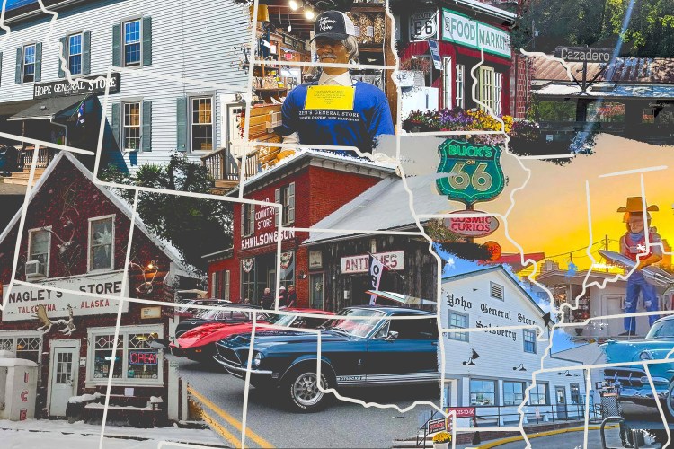 A map of the United States with photos of historic general stores displayed across it. Here's our bucket list of American general stores.