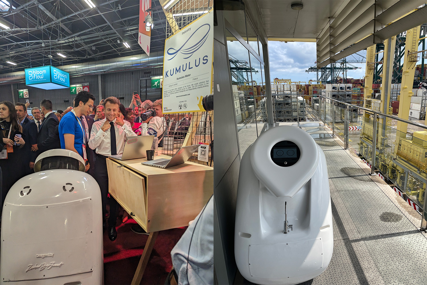 French President Emmanuel Macron with Iheb Triki at a tech conference in 2023 [left]; and the Amphore installed at the Port of Valencia in Spain [right].