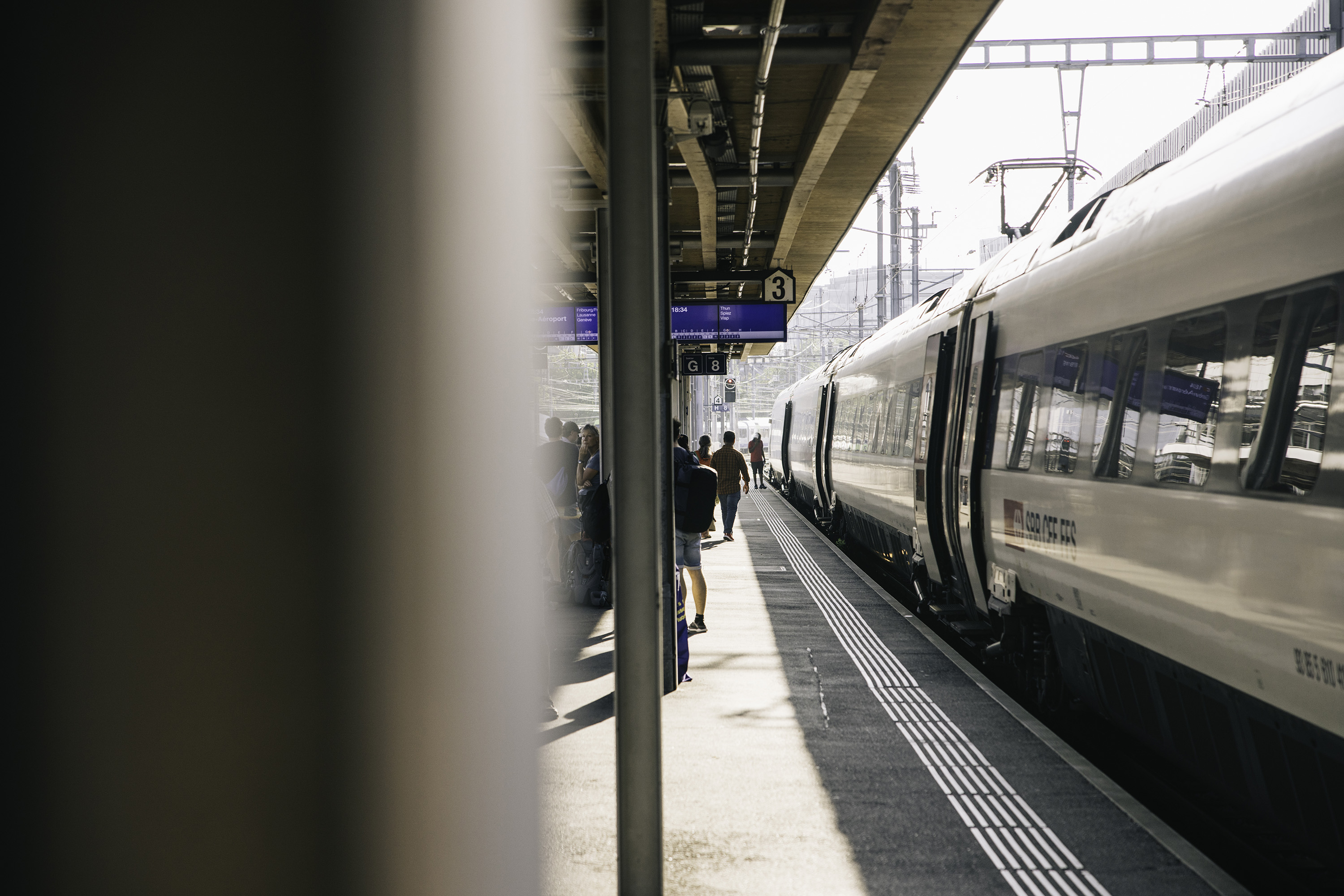 A shot of a train at a Swiss train station.