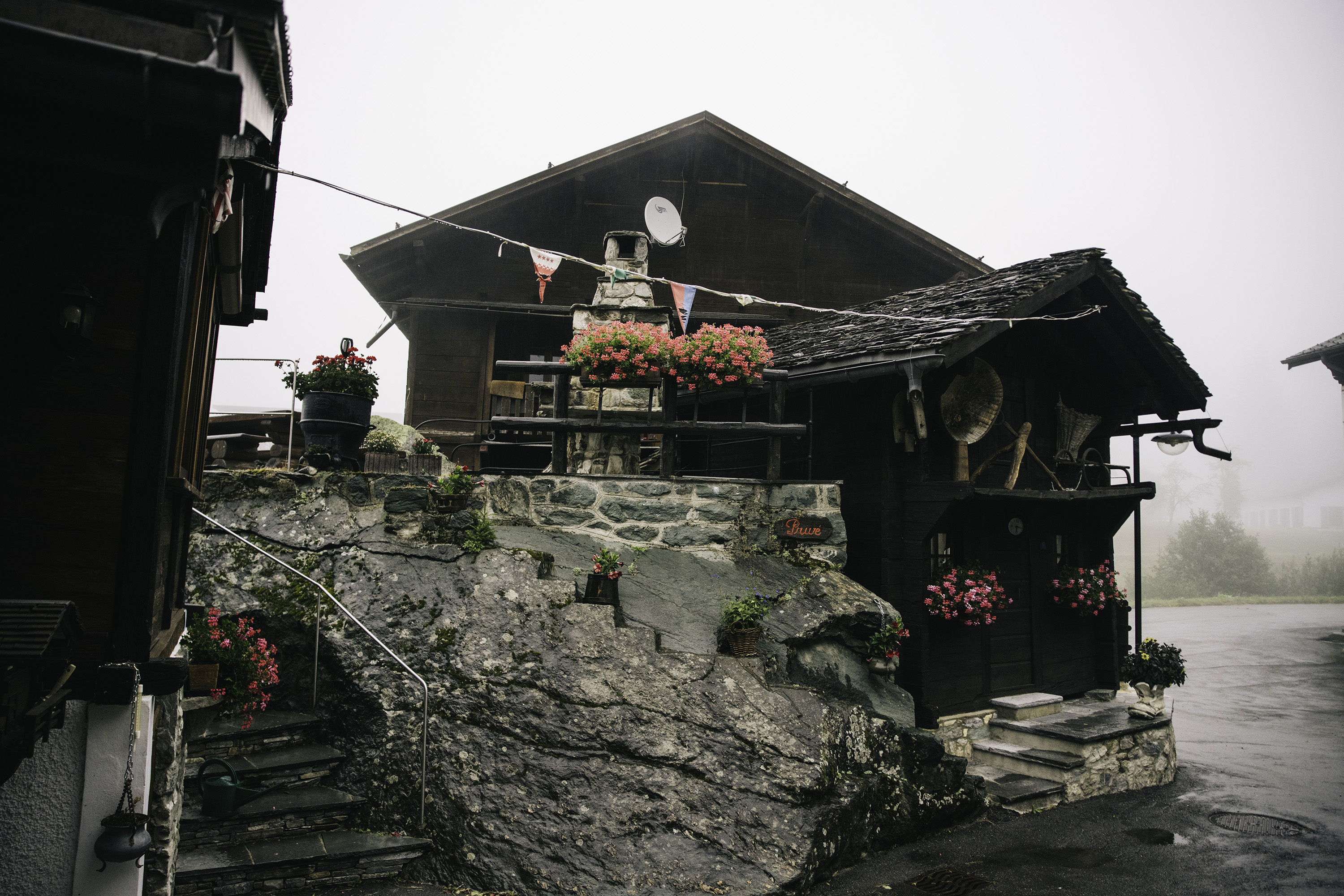 A view of a hut in the Swiss Alps.