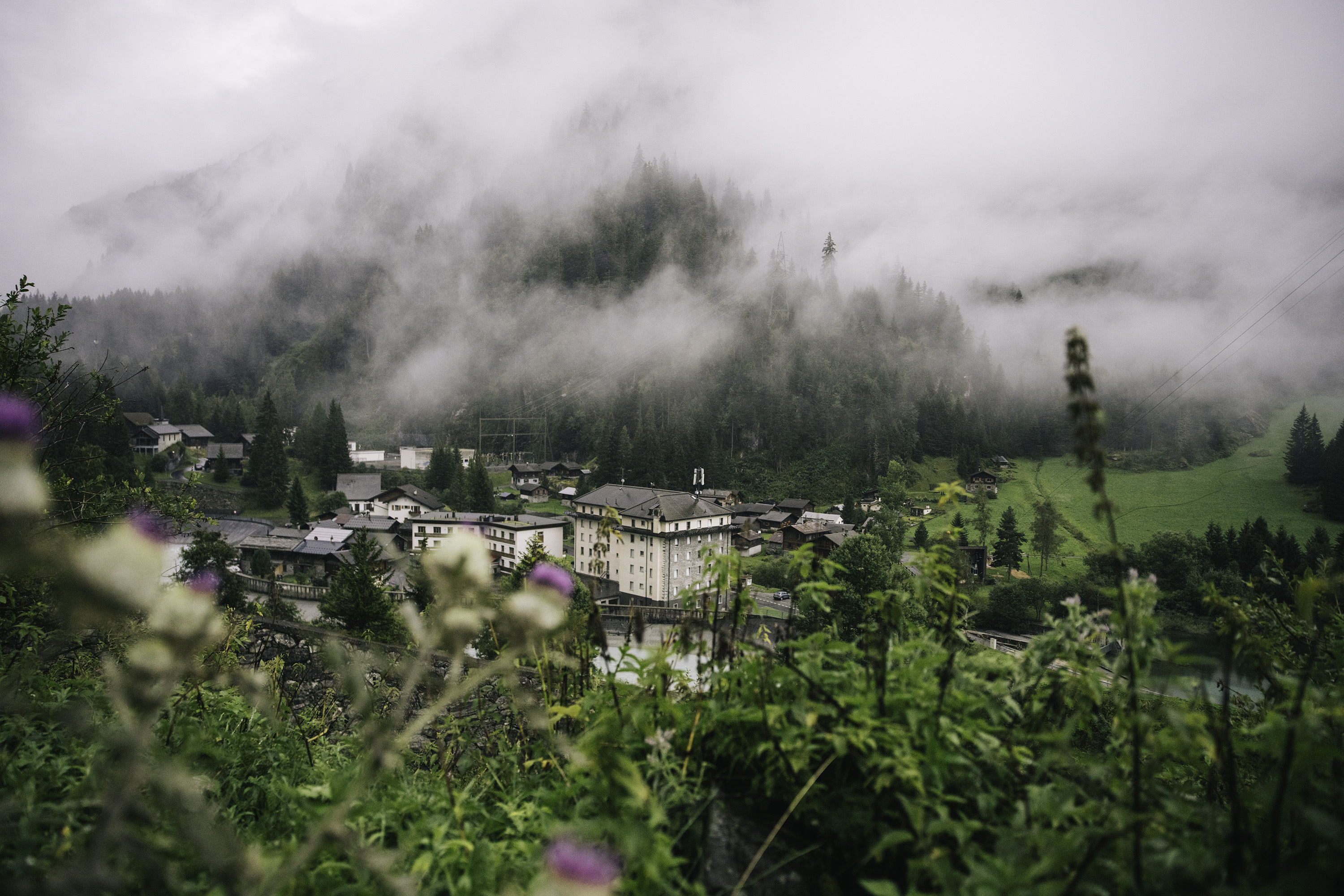 An aerial view of a Swiss village.