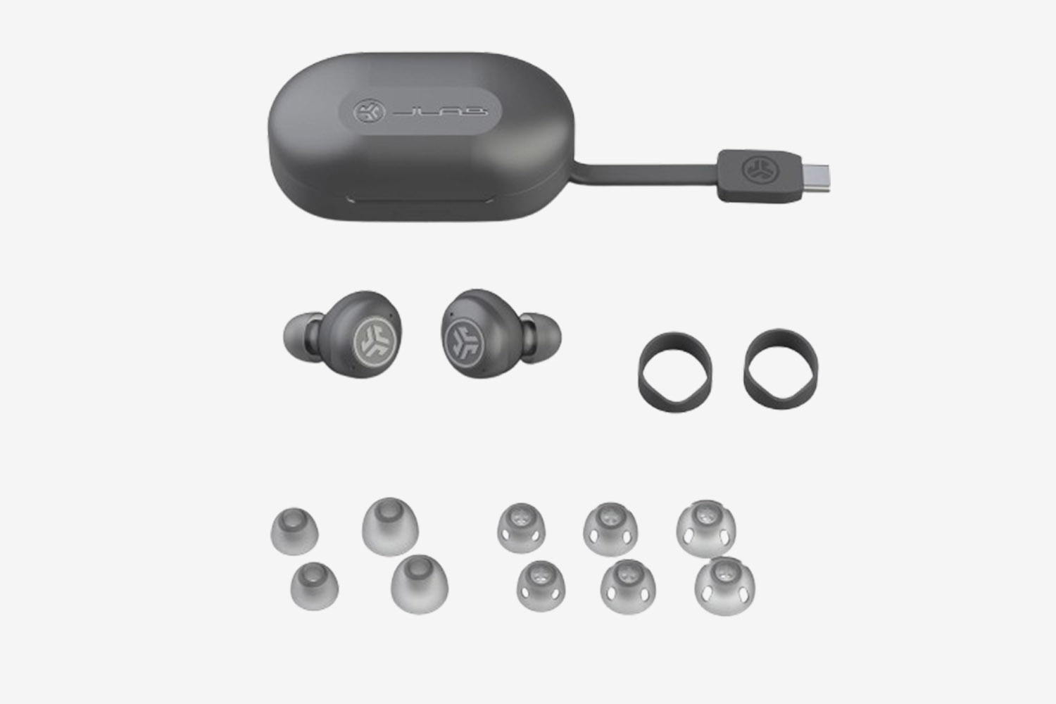 the JLab HEAR case, earbuds and various ear tips