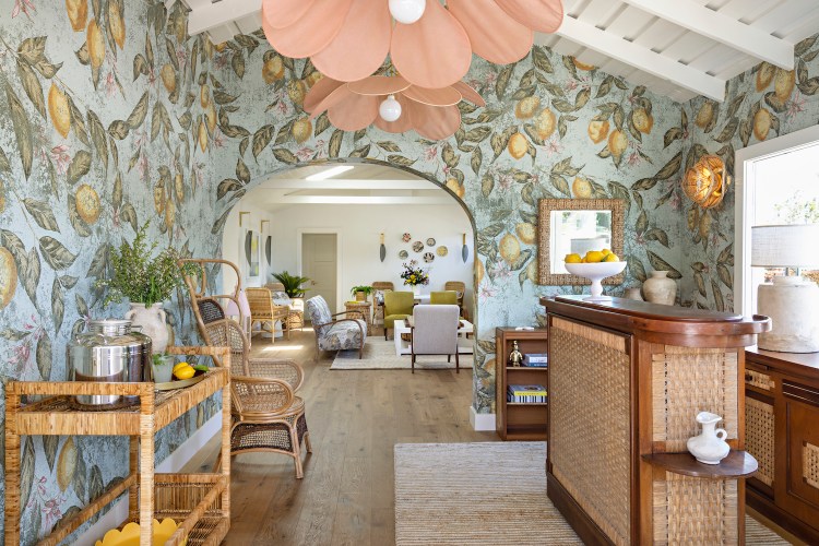 Colorful lobby area with pastel colors and decor and lemon wallpaper