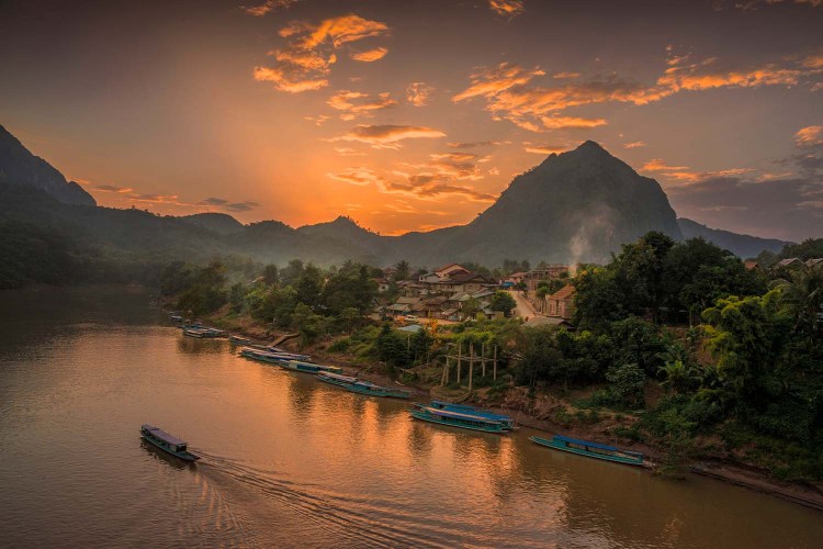 Aerial view of the Nam Ou river in Nong Khiaw, a village in the Luang Prabang Province of northern Laos