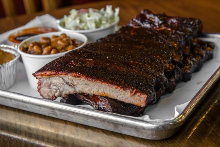 Tray of barbecue at Smoque BBQ, which is one of our favorite BYOB restaurants in Chicago