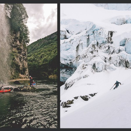 A split image showing paddling in Patagonia on the left, and skiing in Patagonia on the right. Here's how our writer did both on the same day in Chile, courtesy of Eleven's Rio Palena Lodge.