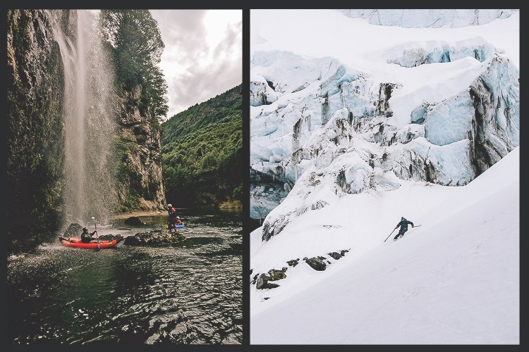 A split image showing paddling in Patagonia on the left, and skiing in Patagonia on the right. Here's how our writer did both on the same day in Chile, courtesy of Eleven's Rio Palena Lodge.