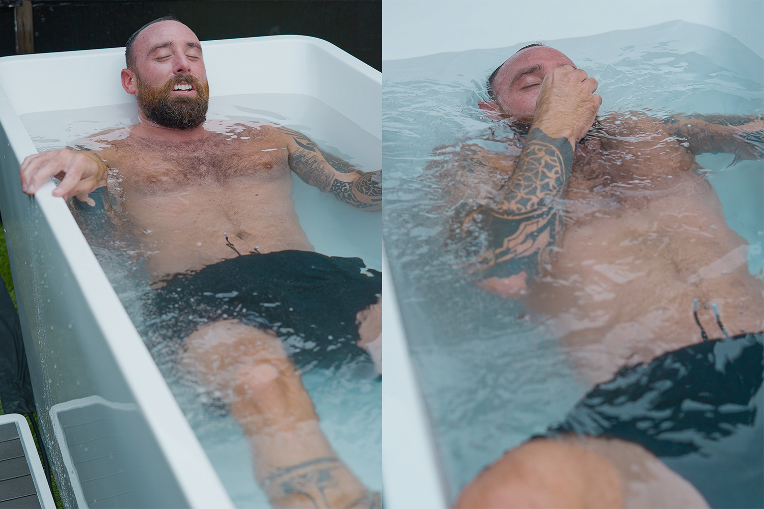 Plunge CEO and co-founder Ryan Duey dunking himself in his cold plunge tub