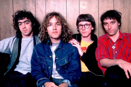 [L-R] Bill Berry, Michael Stipe, Mike Mills and Peter Buck of R.E.M. at the Aragon Ballroom in Chicago, Illinois on July 7, 1984.