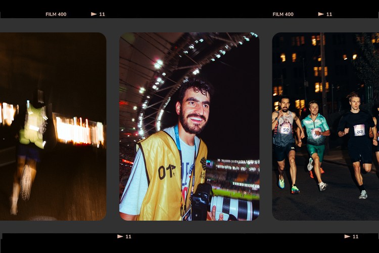 Three photos featuring a running photographer, a blurry image of a man running and a group of people running at night.