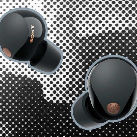 The black WF-1000XM5 earbuds, just released by Sony