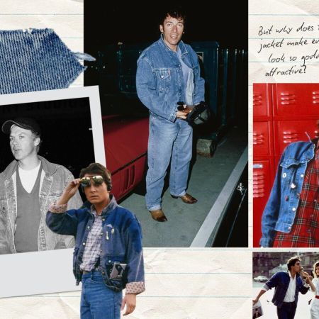 A collage of male celebrities sporting denim jackets.