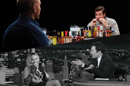 Top: Sean Evans of "Hot Ones" interviewing John Mulaney. Bottom: Jimmy Fallon of "The Tonight Show" interviewing Madonna.