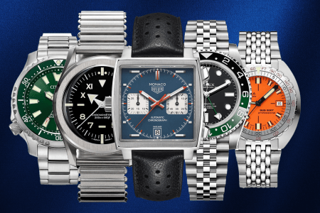 Citizen Promaster Dive Automatic; Serica Ref. 6190 Field Chronometer “California”; TAG Heuer Monaco Chronograph; Rolex GMT-Master II ref. 126720VTNR; DOXA SUB 300T Aristera